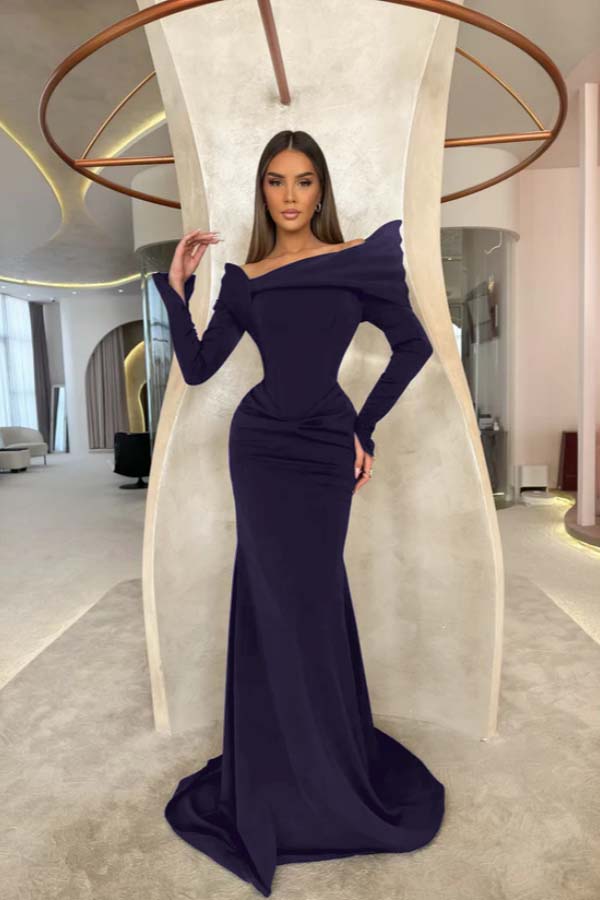 Off the Shoulder Long Sleeves Long Mermaid Formal Dress With Pleated