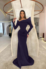 Off the Shoulder Long Sleeves Long Mermaid Formal Dress With Pleated