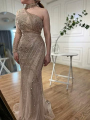 Elegant One shoulder Long Sleeve Champagne Bead Embroidery Formal Dress