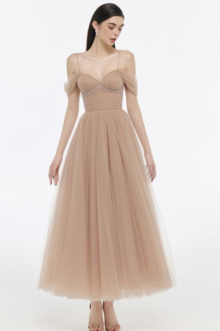 Off the Shoulder Spaghetti Strap Sleeveless Long Formal Dress With Beading