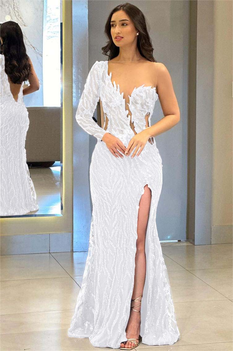 One Shoulder One Long Sleeve Backless Mermaid Split Formal Dress With Appliques