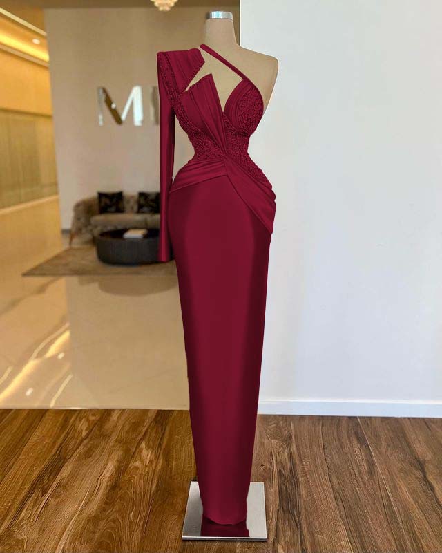 Long Sleeve One Shoulder Long Formal Dress With Pleated Appliques