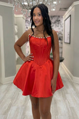 Spaghetti Strap Pearl Trim Corset Homecoming Dress Satin A-line Mini Skirt