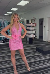 Halter Deep V-neck Rhinestone Homecoming Dress Oversized Bow Bodycon Mini