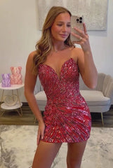 Strapless Sequin Rhinestone Homecoming Dress Deep V Sweetheart Sunburst Ruched Bodycon Mini