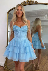 Sweetheart Strapless Boned Corset Homecoming Dress Lace Applique Tiered Ruffle Chiffon Mini