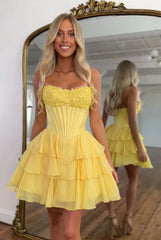 Sweetheart Strapless Boned Corset Homecoming Dress Lace Applique Tiered Ruffle Chiffon Mini