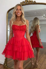 Sweetheart Strapless Boned Corset Homecoming Dress Lace Applique Tiered Ruffle Chiffon Mini