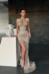 Halter Sleeveless Long Mermaid Formal Dress With Split Sequins