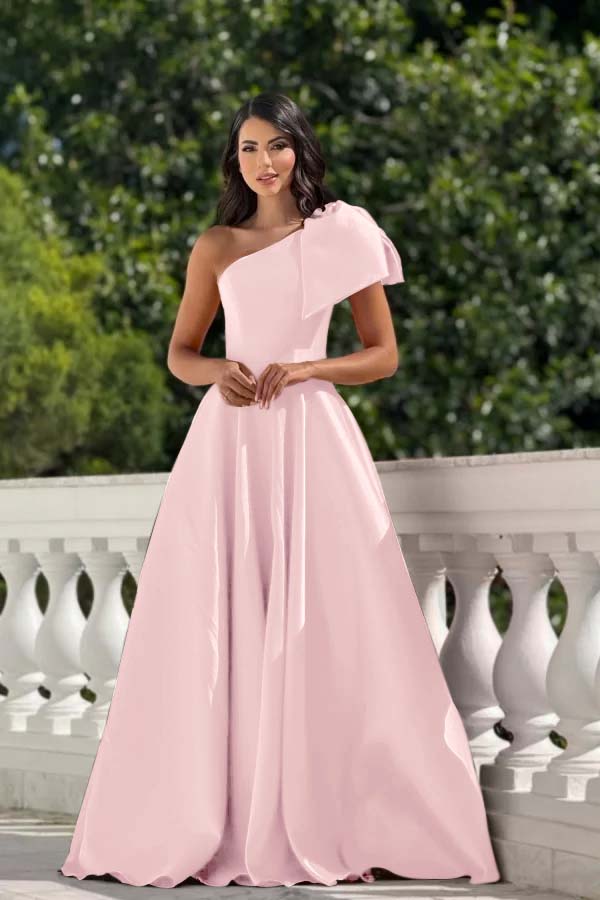One Shoulder Sleeveless Long Formal Dress With Pleated Bowknot