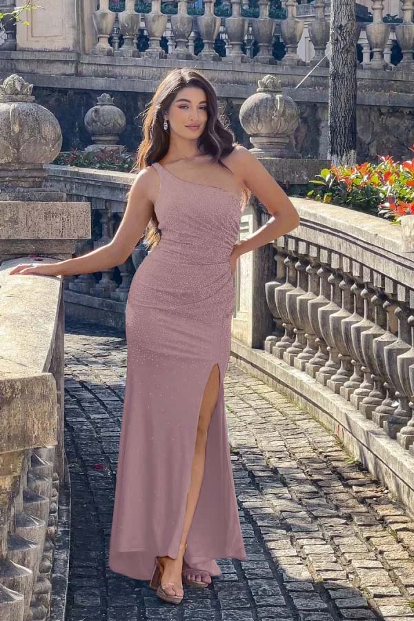 One Shoulder Sleeveless Long Mermaid Formal Dress With Split Beading