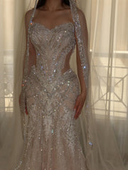Luxury Sparkly Mermaid Wedding Dress with Crystal Beading and Cathedral Veil