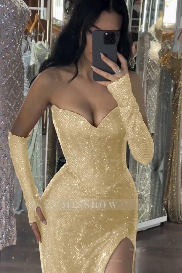 Sequin Strapless Long Mermaid Formal Dress With Split Detachable sleeves