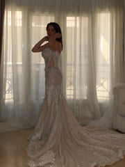 Luxury Sparkly Mermaid Wedding Dress with Crystal Beading and Cathedral Veil