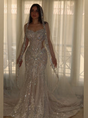 Luxury Sparkly Mermaid Wedding Dress with Crystal Beading and Cathedral Veil