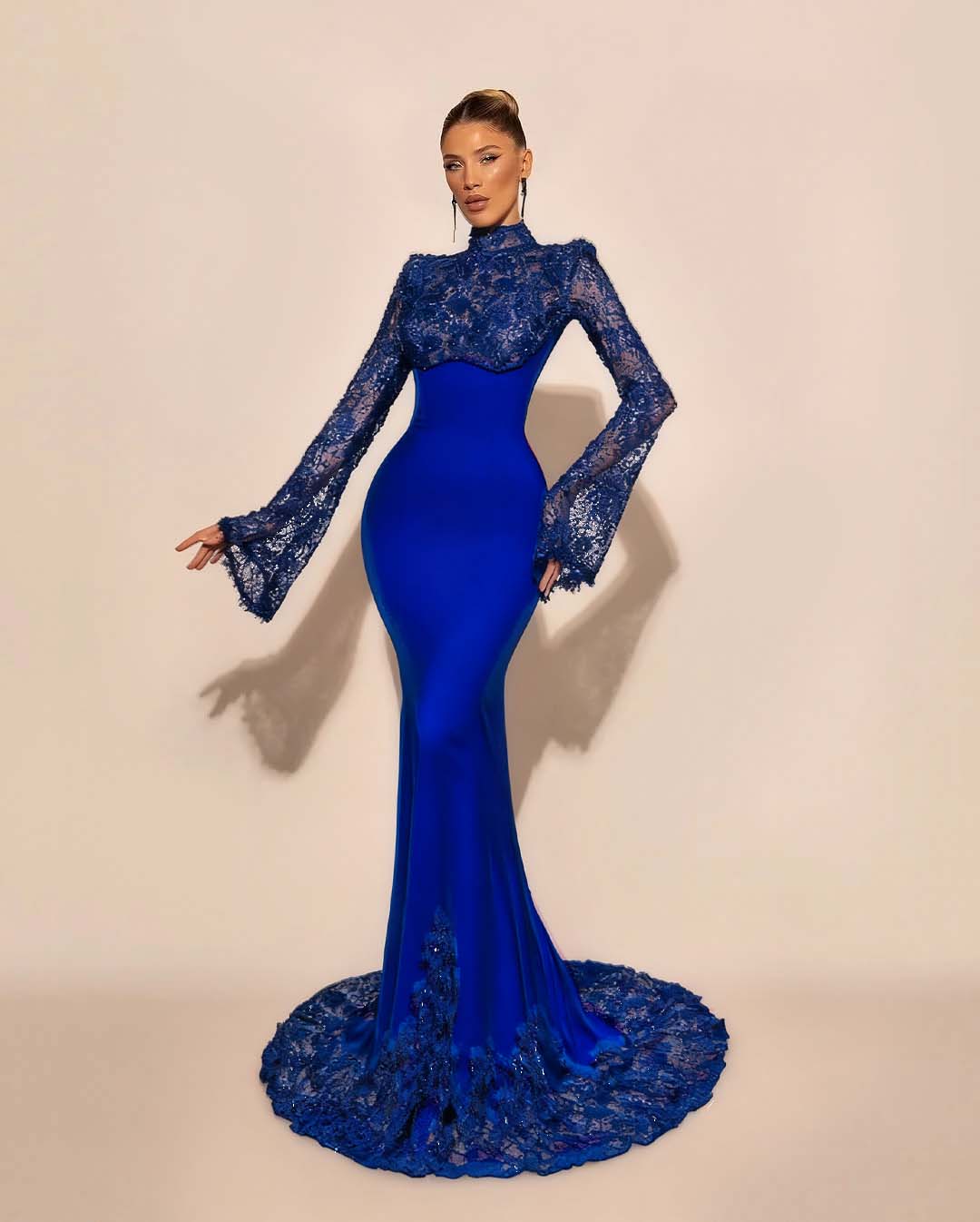 High Neck Lace Long Sleeves Long Mermaid Formal Dress With Pleated