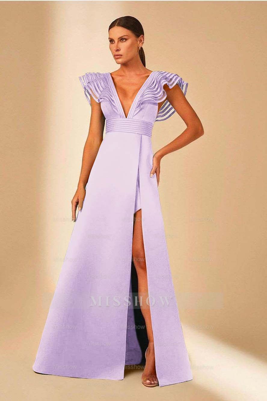Deep V Neck Sleeveless A Line Long Formal Dress With Front Split