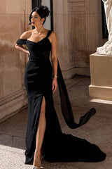 Black One Shoulder Sleeveless Split Mermaid Long Ruffles Formal Dress