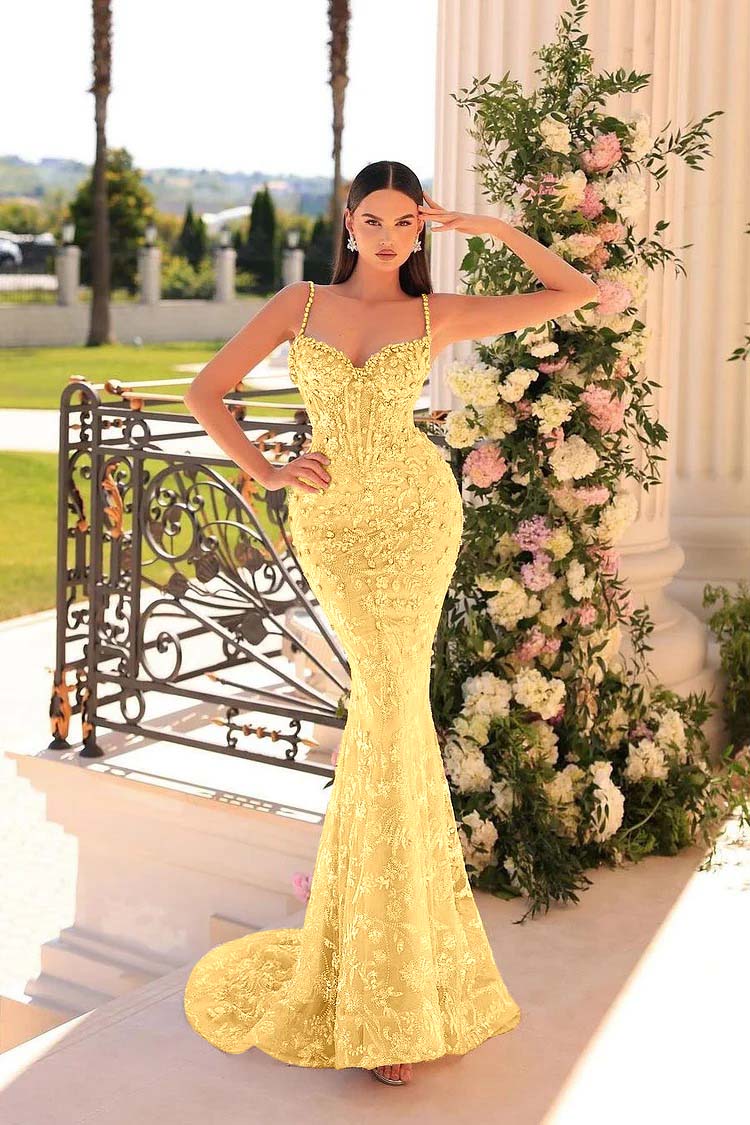 Spaghetti Strap Sleeveless Mermaid Appliques Long Formal Dress With Beadings
