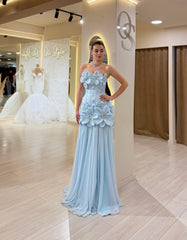 Strapless 3D Flower Applique Rhinestone Column Formal Evening Dress Floor Length