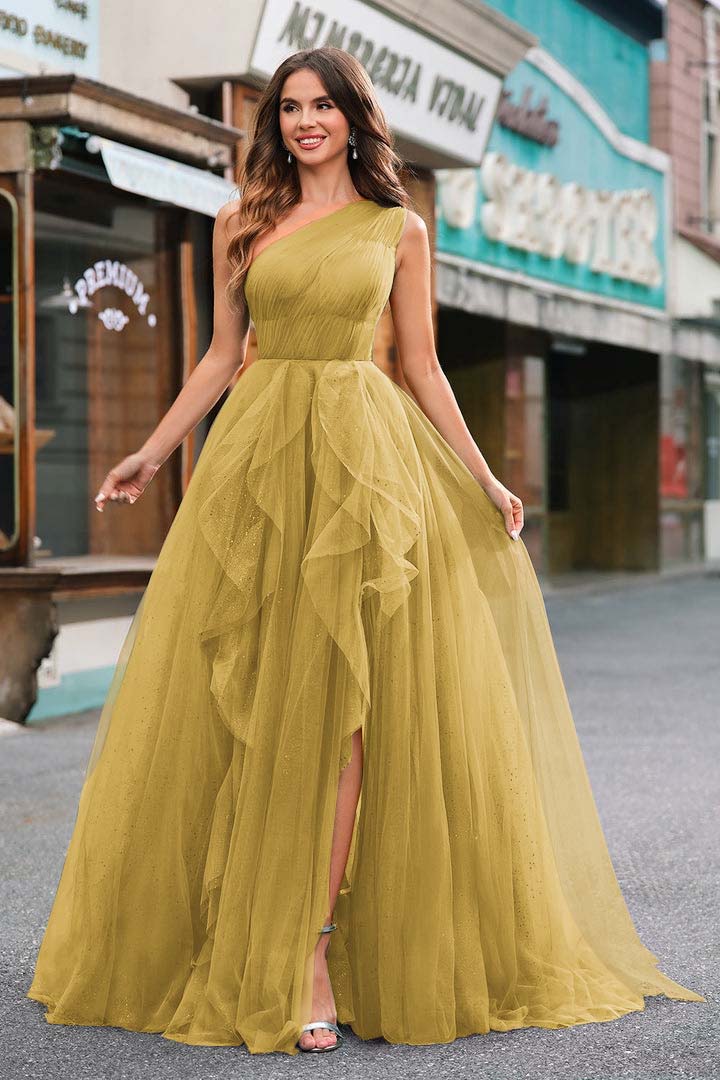 One Shoulder Sleeveless Long Split Formal Dress With Sequins Tulle