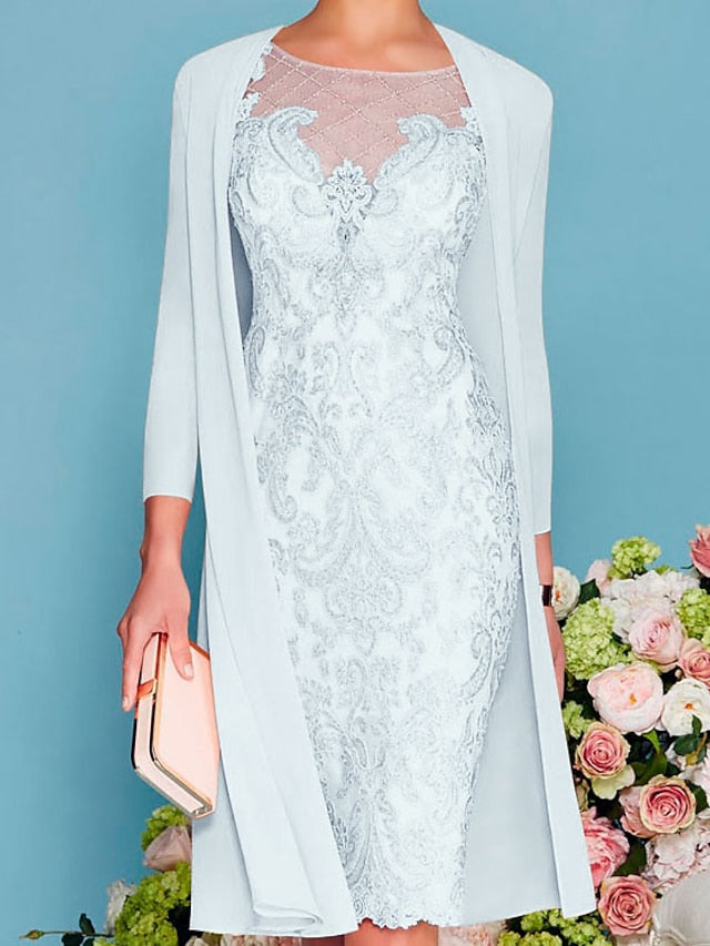 Sheath Column Scoop Long Sleeves Knee Length Mother Of The Bride Dresses With Lace Beading Appliques