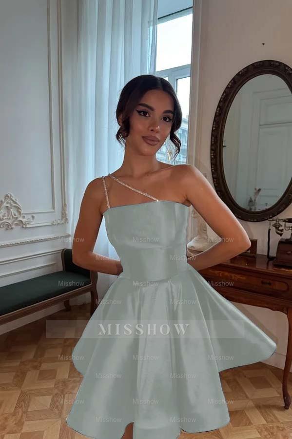 One Shoulder Sleeveless Short A Line Formal Dress With Pleated