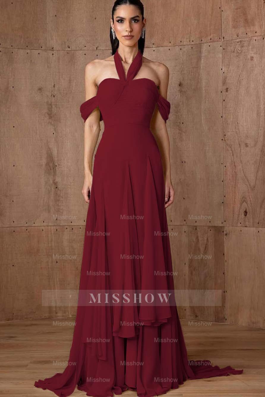 Halter Off the Shoulder Sleeveless Long Formal Dress With Ruffles