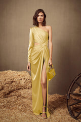 One Shoulder Long Sleeve Long High Split Formal Dress With Pleated