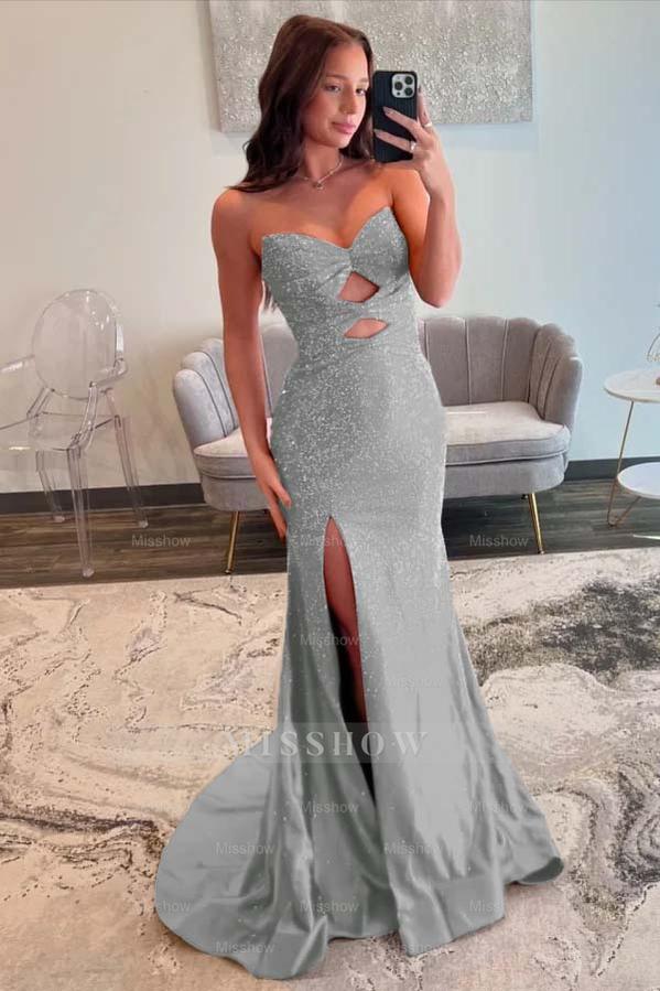 Strapless Sleeveless Mermaid Long Formal Dress With Split Sequins