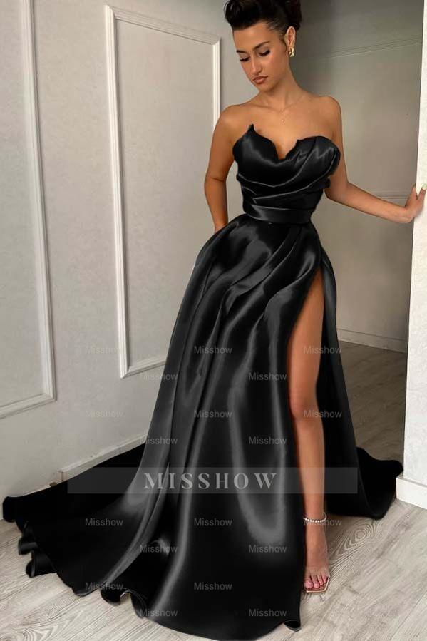 Strapless Sleeveless Long Formal Dress With High Split Pleated