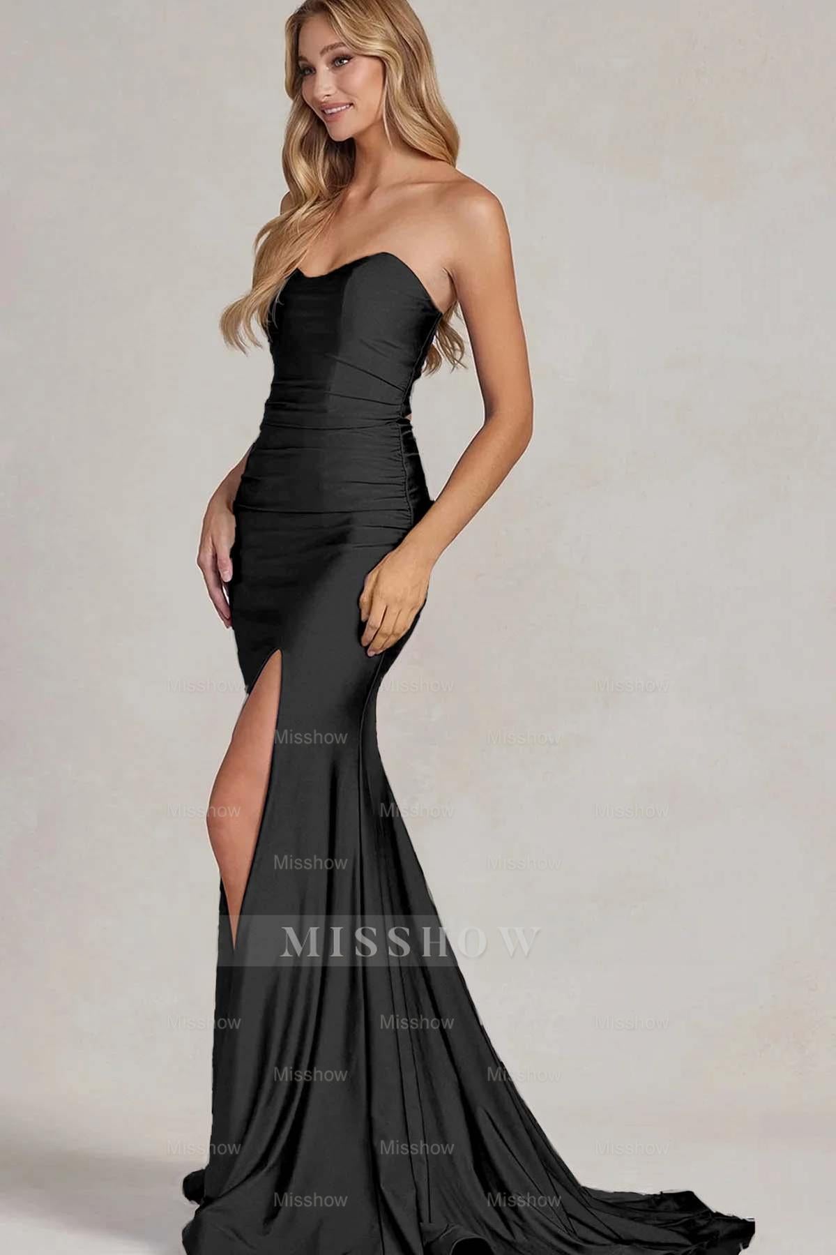 Strapless Sleeveless Long Mermaid Formal Dress With Split Pleated