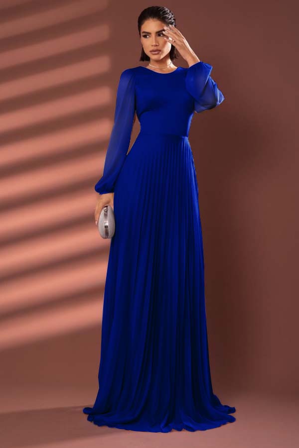 Chiffon Jewel Neck Long Sleeves Long Formal Dress With Pleated