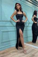 Shoulder Straps Front Split Black Mermaid Formal Dress With Beading