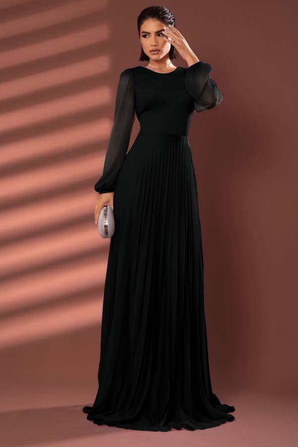 Chiffon Jewel Neck Long Sleeves Long Formal Dress With Pleated