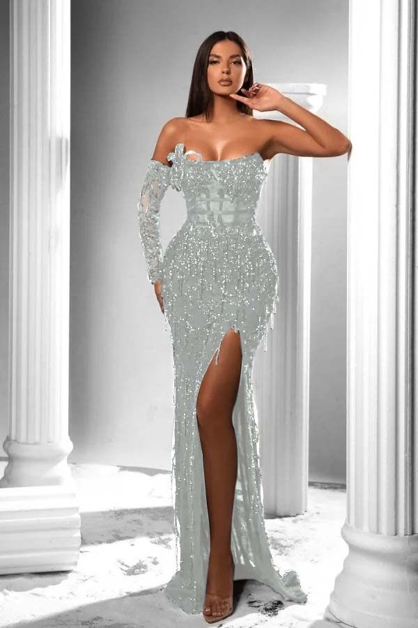 Strapless Long Sleeve High Split Long Formal Dress With Appliques