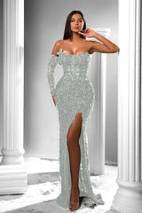 Strapless Long Sleeve High Split Long Formal Dress With Appliques