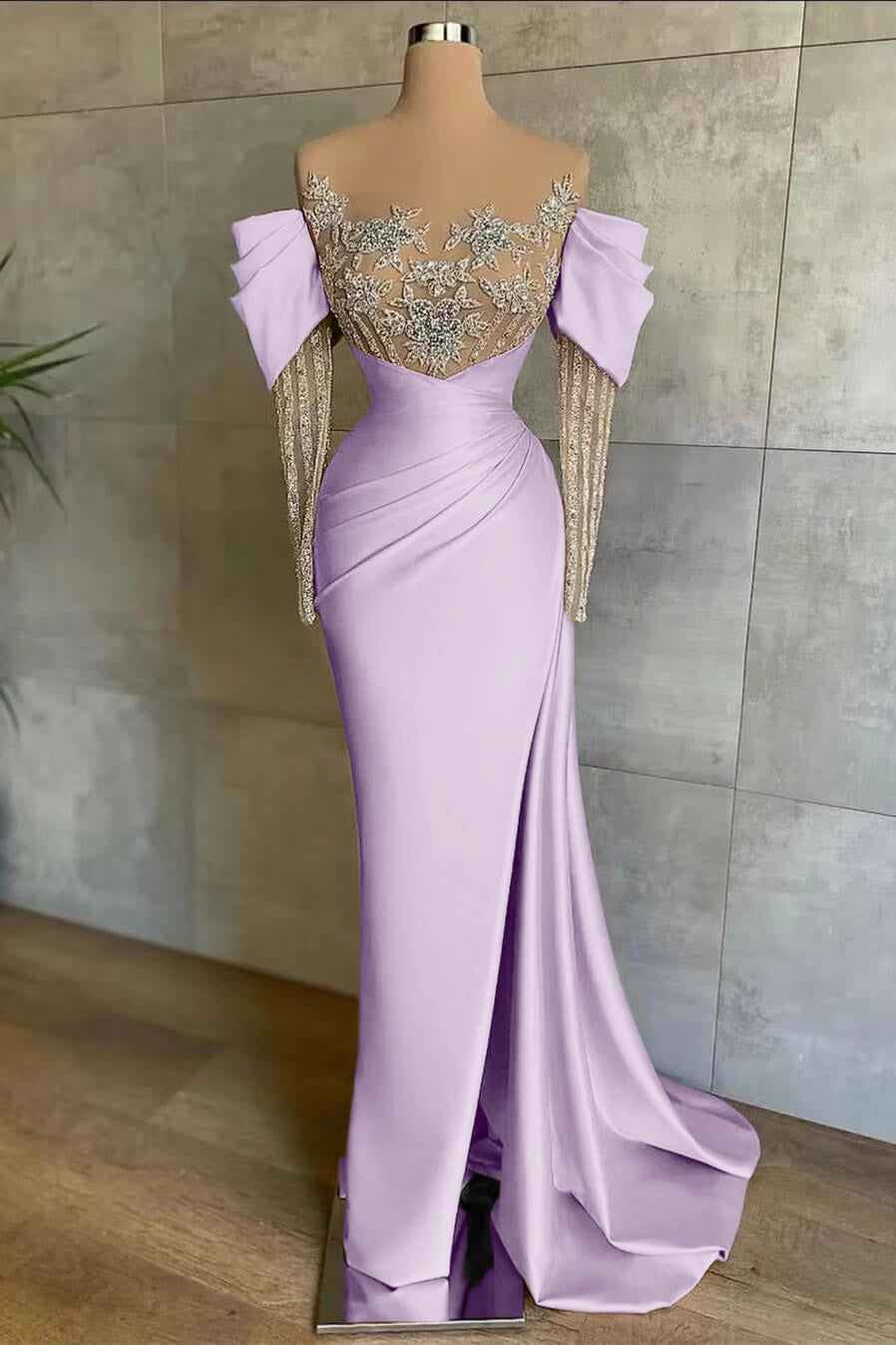 Pink Split Mermaid Long Sleeves Formal Dress Beadings With Appliques Off the Shoulder