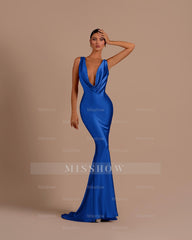 Black Deep V Neck Sleeveless Mermaid Long Formal Dress With Pleated
