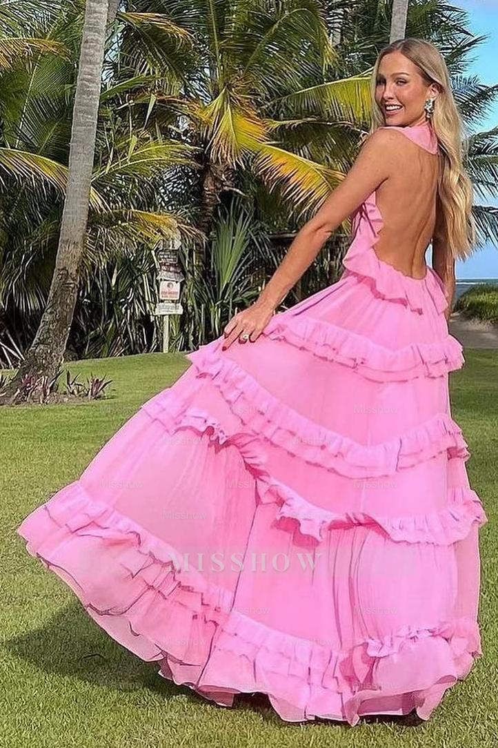 Halter Sleeveless Backless Long Formal Dress With Pleated Ruffles