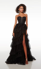 Formal Dress Long Tulle With Slit Gloves Gown V Neck Sleeveless