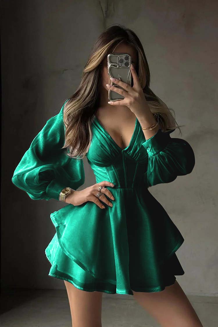 White Long Sleeves V Neck Short Formal Dress With Ruffles Pleated