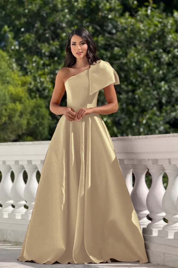 One Shoulder Sleeveless Long Formal Dress With Pleated Bowknot