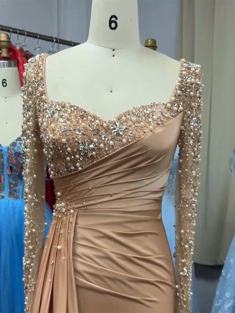 Elegant Long Sleeves Dusty Rose Bead Embroidery Mermaid Formal Dress