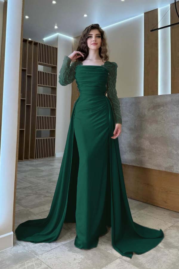 Long Sleeves Square Neck Long Mermaid Formal Dress With Pleated