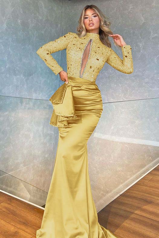 High Collar Long Sleeves Mermaid Pleated Sequins Formal Dress With Beadings