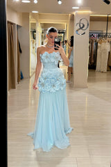 Strapless 3D Flower Applique Rhinestone Column Formal Evening Dress Floor Length
