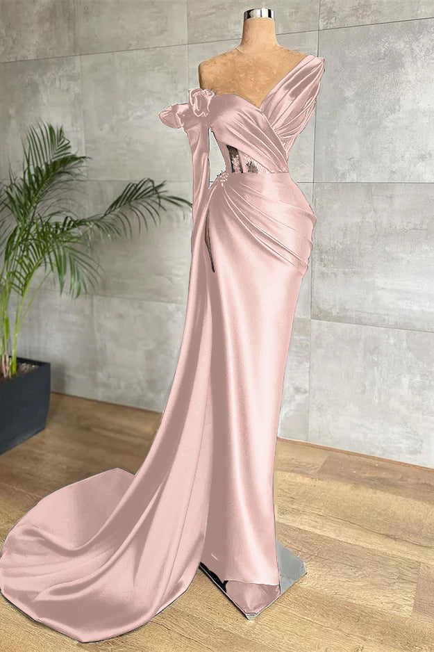 Black One Shoulder Long Sleeve Lace Pleated Long Formal Dress With Side Split