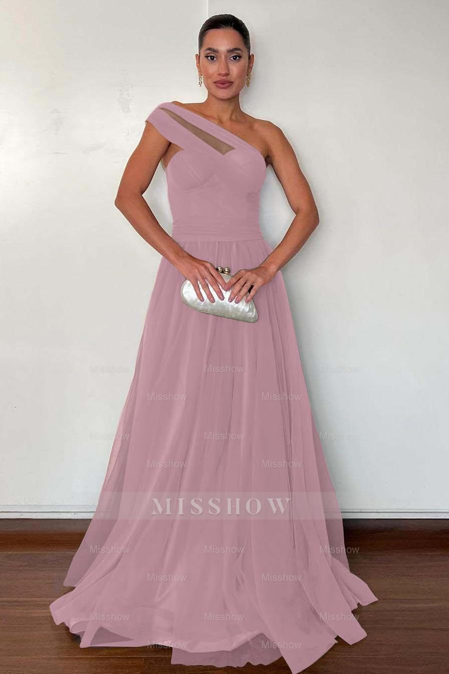 One Shoulder Sweetheart Sleeveless Long Formal Dress With Pleated