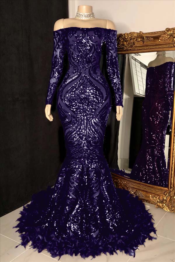 Long Sleeves Strapless Mermaid Formal Dress Sequins Burgundy With Feather